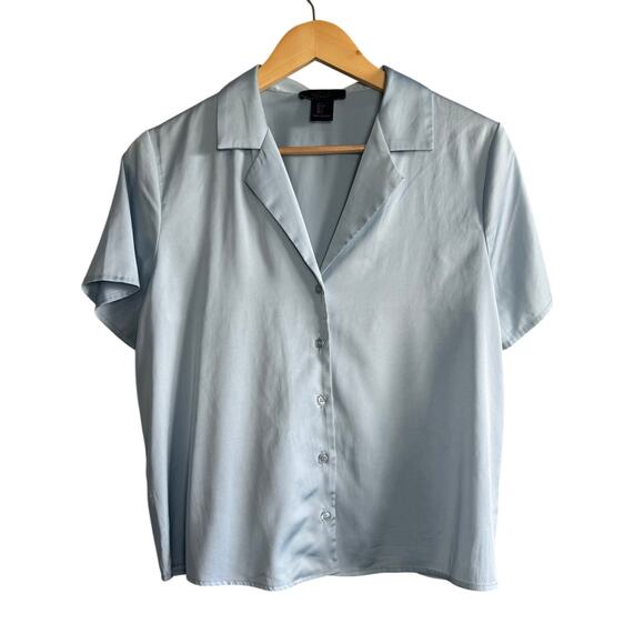 Rachel Roy Blue Button Front Blouse Size Small – Satin Look Short Sleeve Shirt - Picture 1 of 4